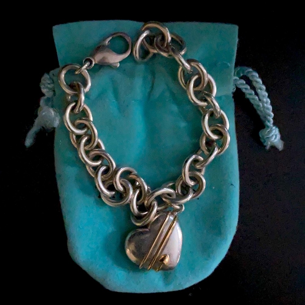 Tiffany & Co, Sterling Silver 18K Gold Heart Cupid’s Arrow Heart Bracelet